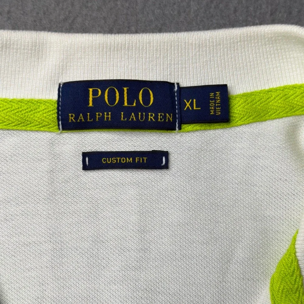 Polo Ralph Lauren Polo Shirt Mens XL White Big Pony Custom Fit Neon Trim 3 Patch